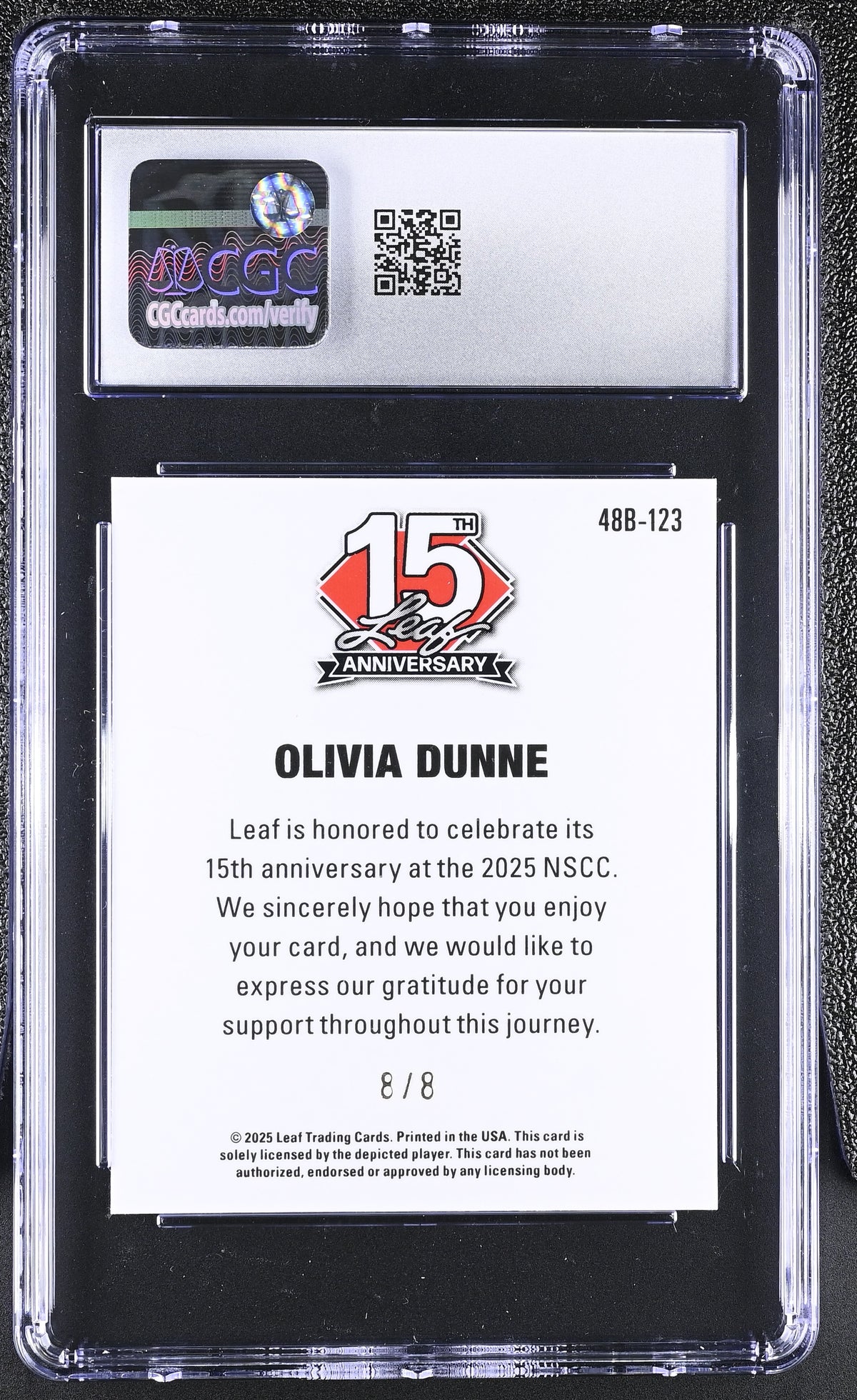 2025 Leaf 15th Anniversary Olivia Dunne 8/8 '48 Leaf #48B-123 Pink Shimmer CGC 9.5