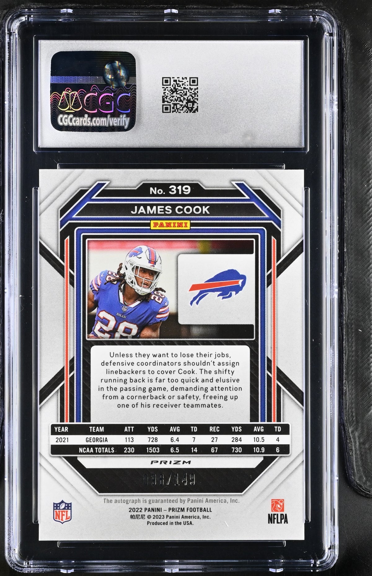 2022 Panini Prizm James Cook Red Wave /149 Rookie Auto #319 CGC 10 Bills