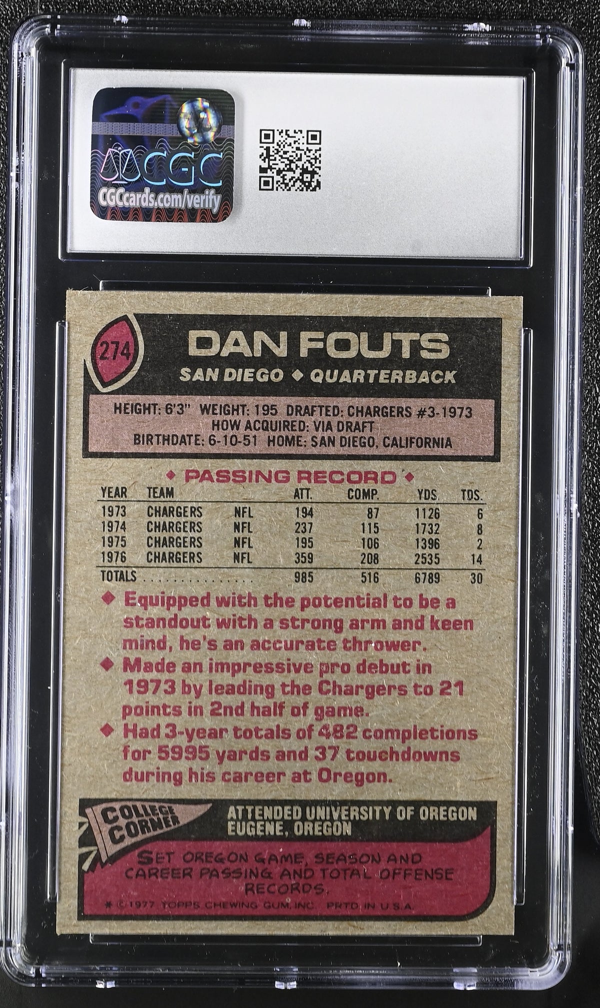 1977 Topps Dan Fouts #274 CGC 8 San Diego Chargers