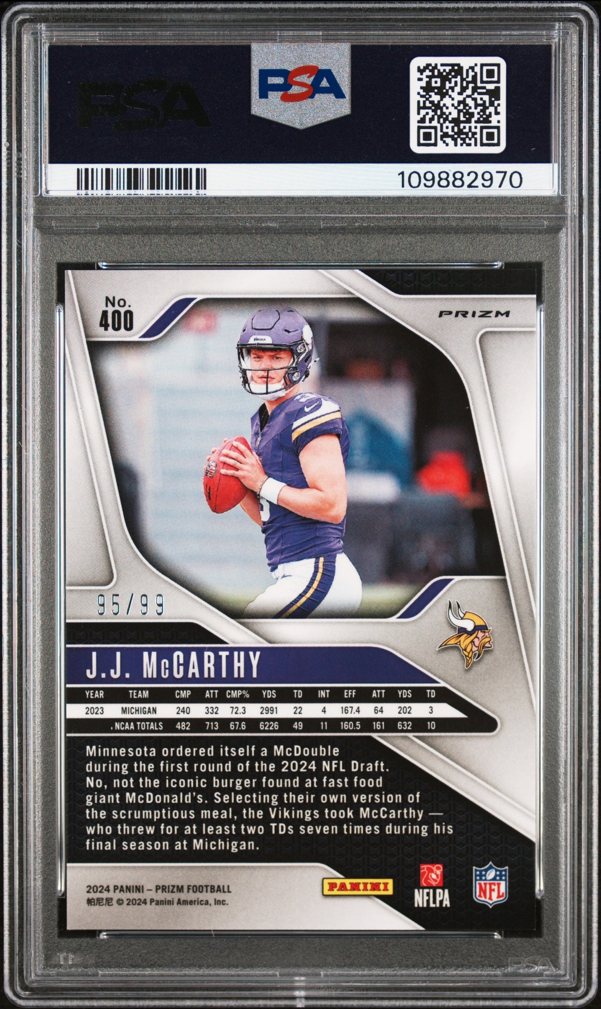 2024 Panini Prizm JJ Mccarthy Purple Wave /99 Rookie #400 PSA 9 Vikings