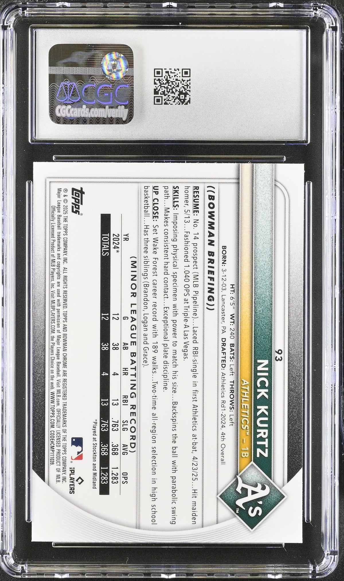 2025 Bowman Chrome Mega Box Nick Kurtz Rookie #93 CGC 10 Oakland Athletics
