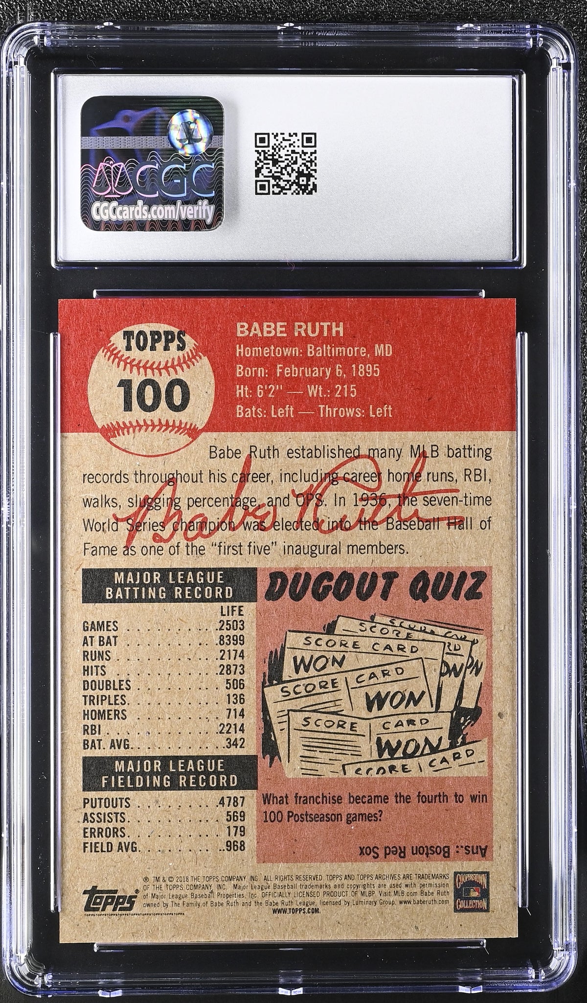 2018 Topps Living Set Babe Ruth #100 CGC 9.5 New York Yankees