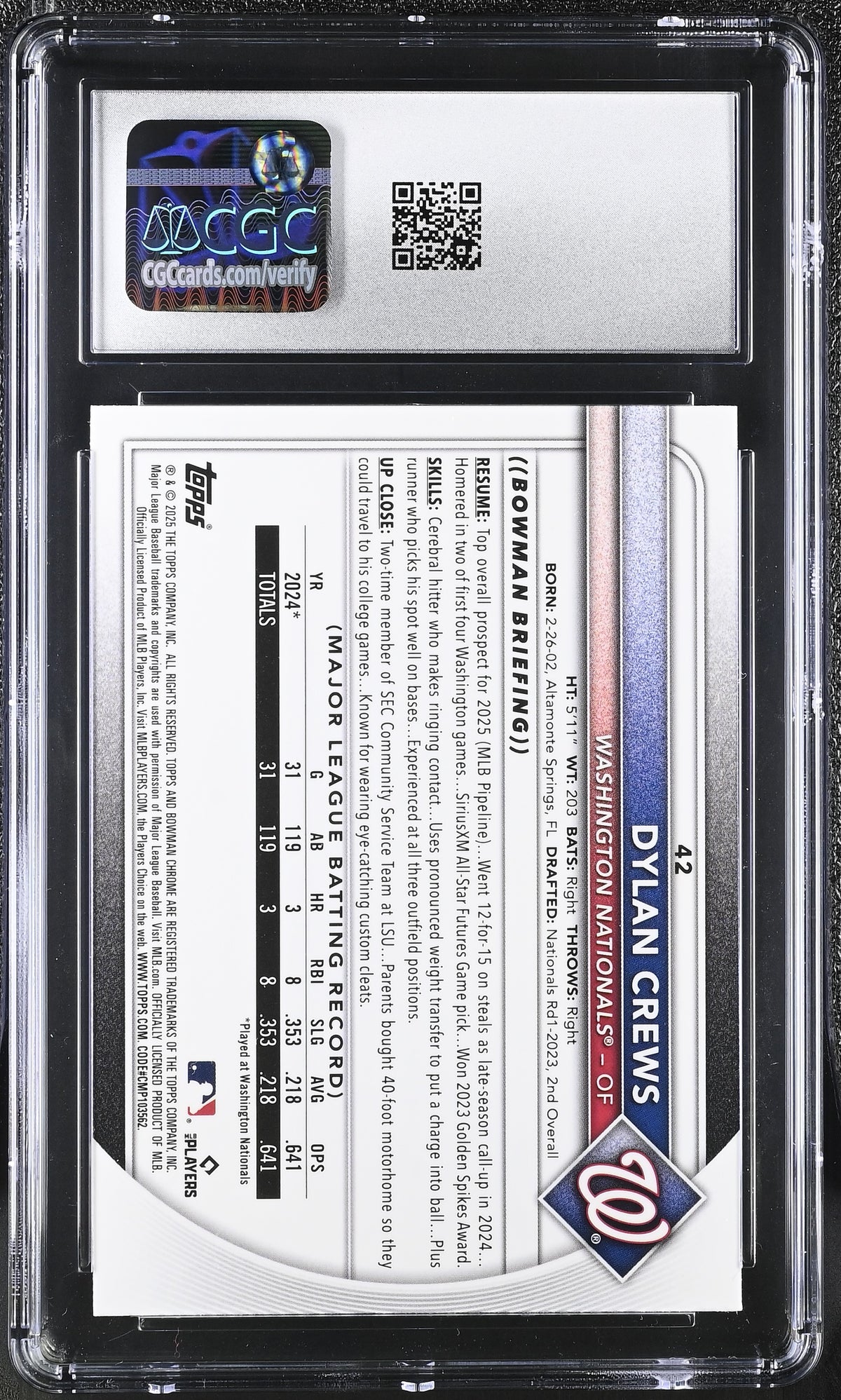 2025 Bowman Mega Box Dylan Crews Purple /250 Rookie #42 CGC 10 Nationals