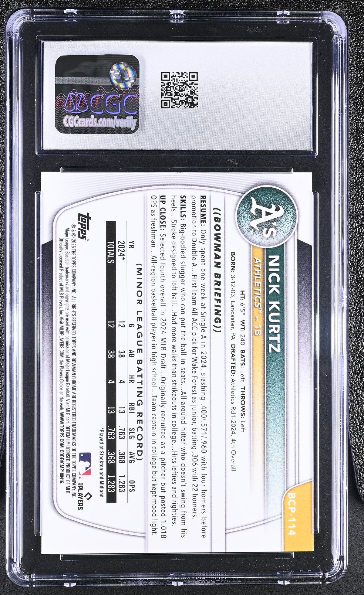 2025 Bowman Nick Kurtz Purple Geometric Refractor /250 Chrome #BCP-114 CGC 10