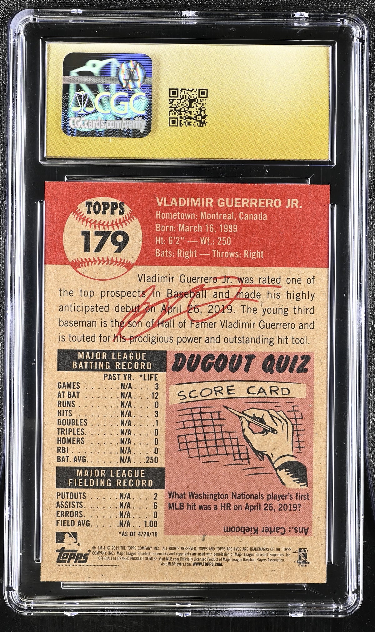 2019 Topps Living Set Vladimir Guerrero Jr. Rookie #179 CGC 10 Toronto Blue Jays