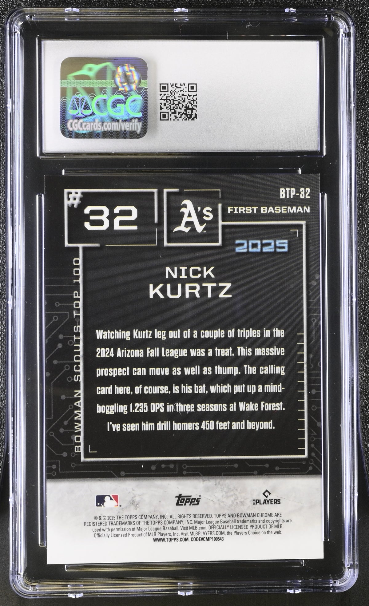 2025 Bowman Nick Kurtz Orange Refractor /25 Rookie Scouts Top 100 #BTP-32 CGC 9