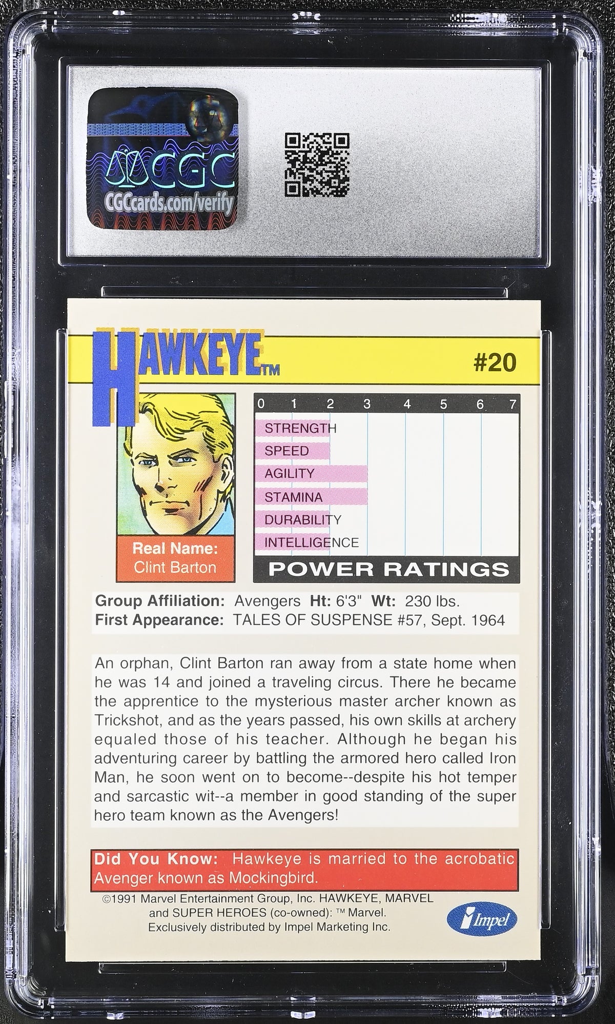 1991 Impel Marvel Universe Series II Hawkeye #20 CGC 9.5