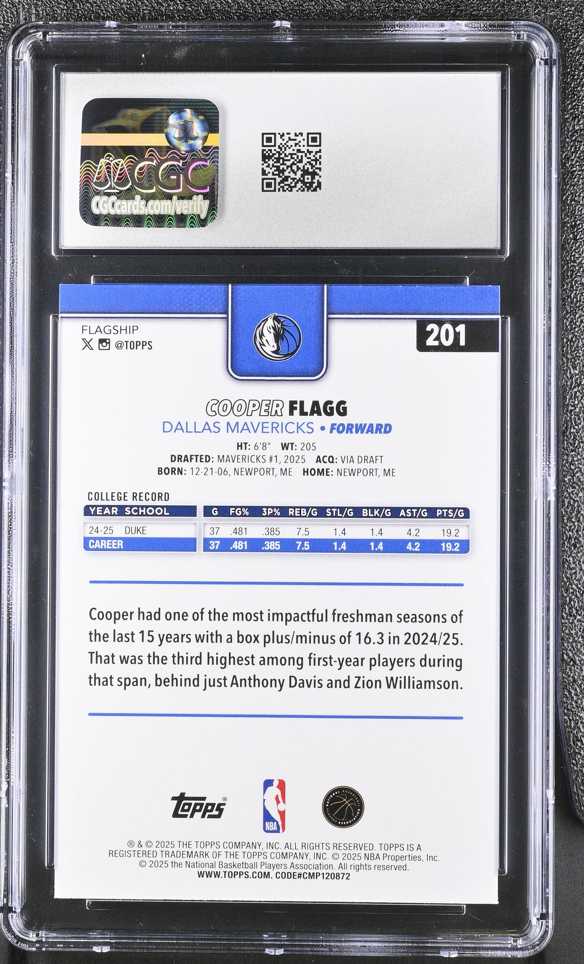 2025-26 Topps Cooper Flagg #201 CGC 9.5