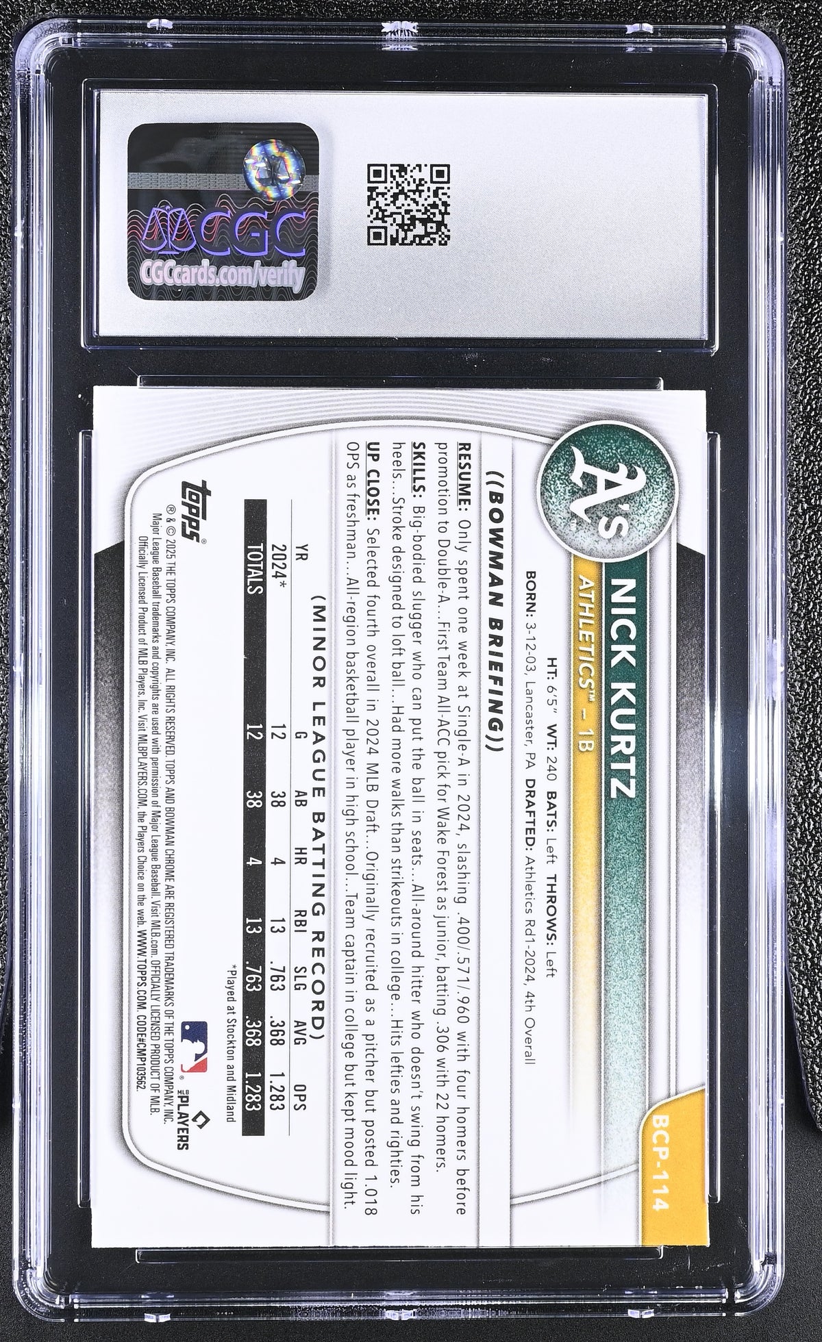 2025 Bowman Mega Box Nick Kurtz Burgundy /275 Rookie #BCP-114 CGC 10 Athletics