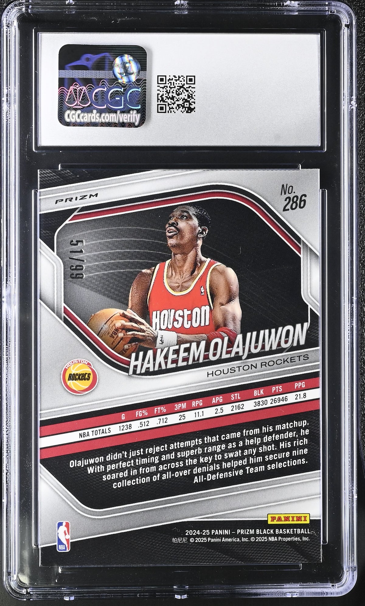 2024-25 Panini Prizm Black Hakeem Olajuwon Purple /99 #286 CGC 10 Rockets