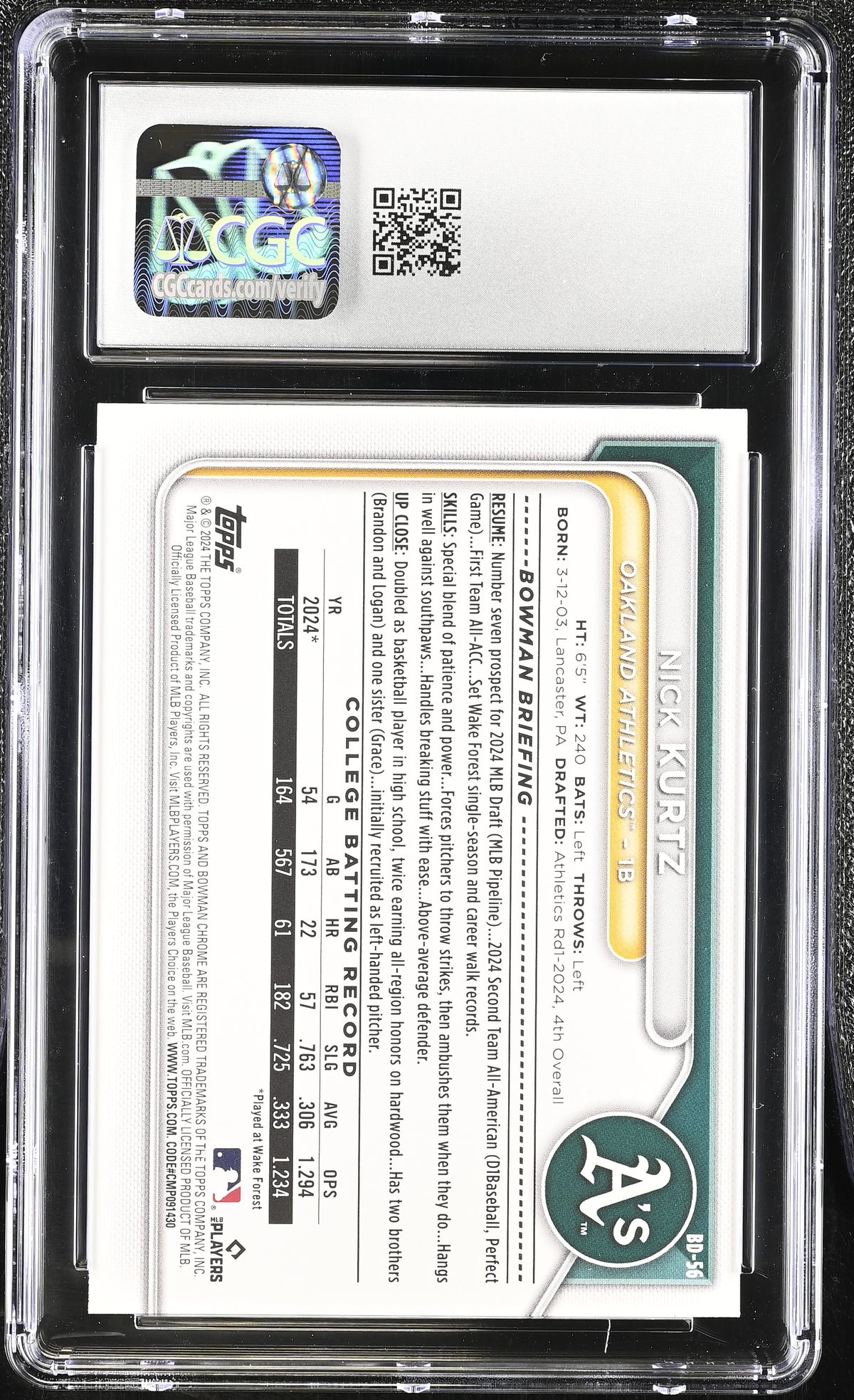 2024 Bowman Draft Nick Kurtz Rookie #BD-56 CGC 10 Oakland Athletics