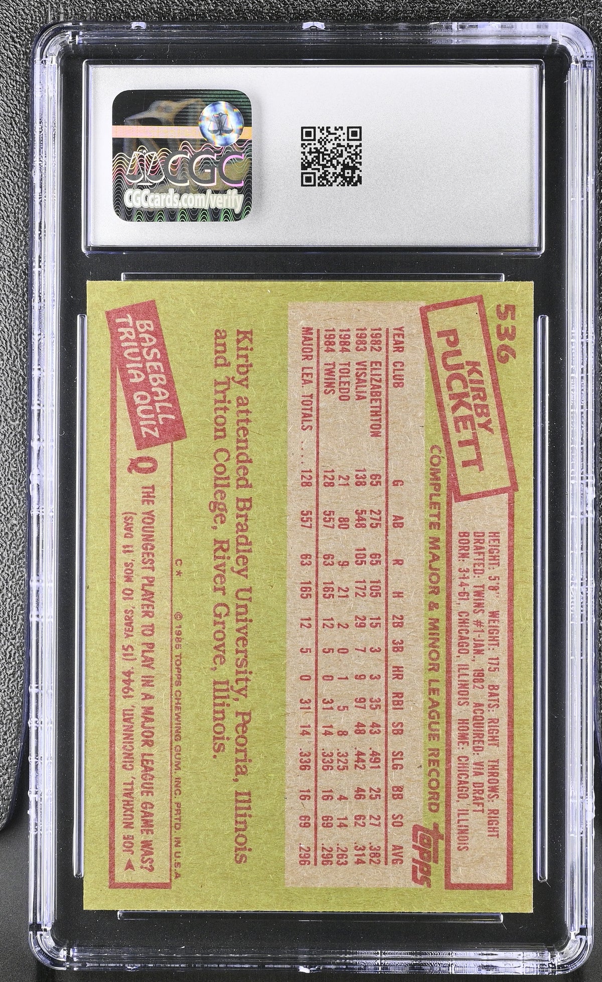 1985 Topps Kirby Puckett #536 CGC 9 Minnesota Twins
