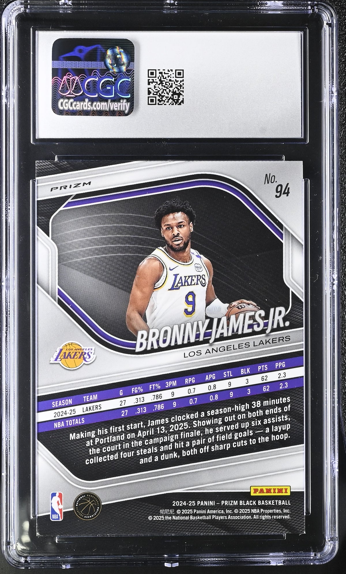 2024-25 Panini Prizm Black Bronny James Jr. Silver Rookie #94 CGC 10 Lakers