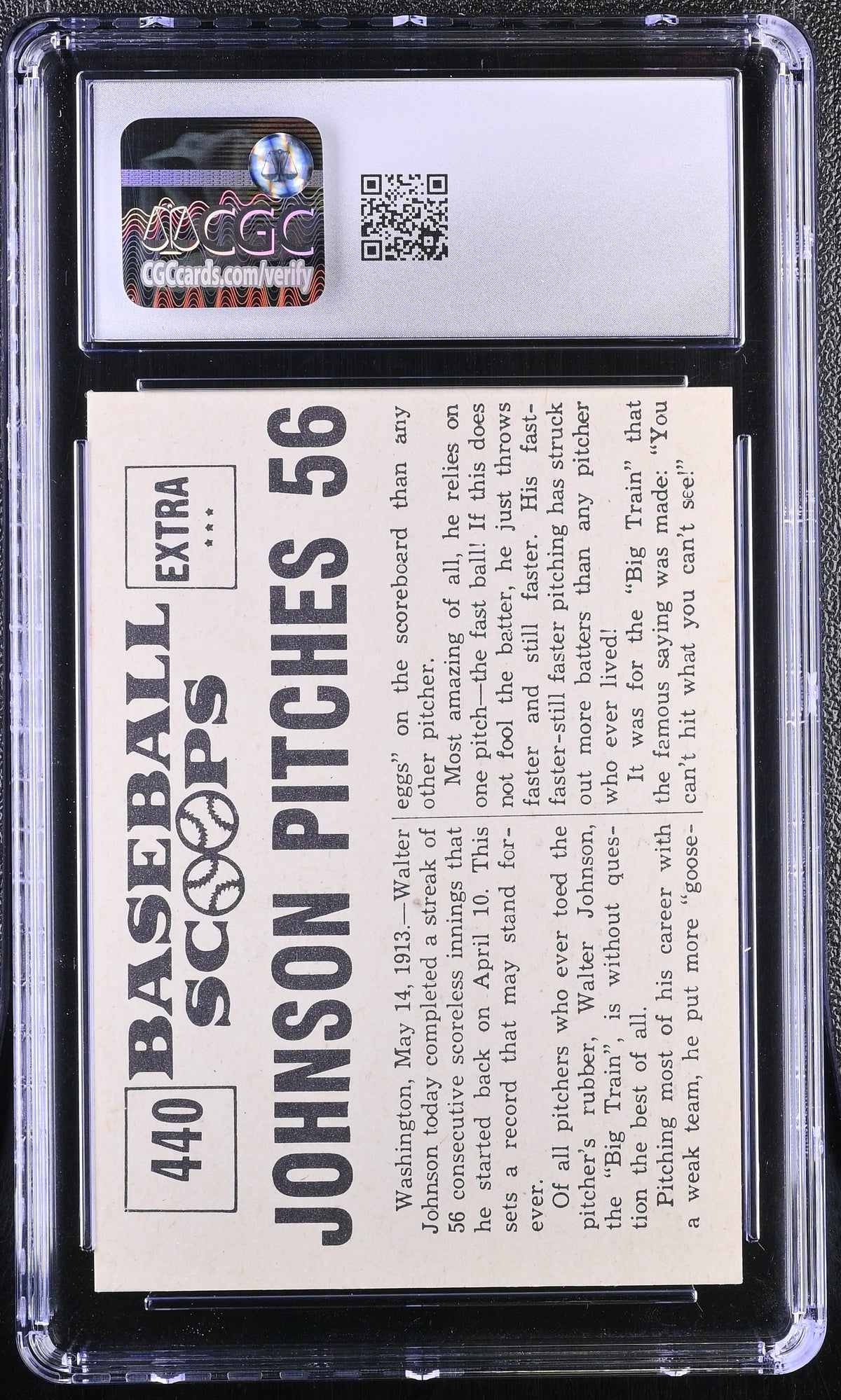 1961 Nu-Card Scoops Walter Johnson Pitches 56 Scoreless Innings #440 CGC 7
