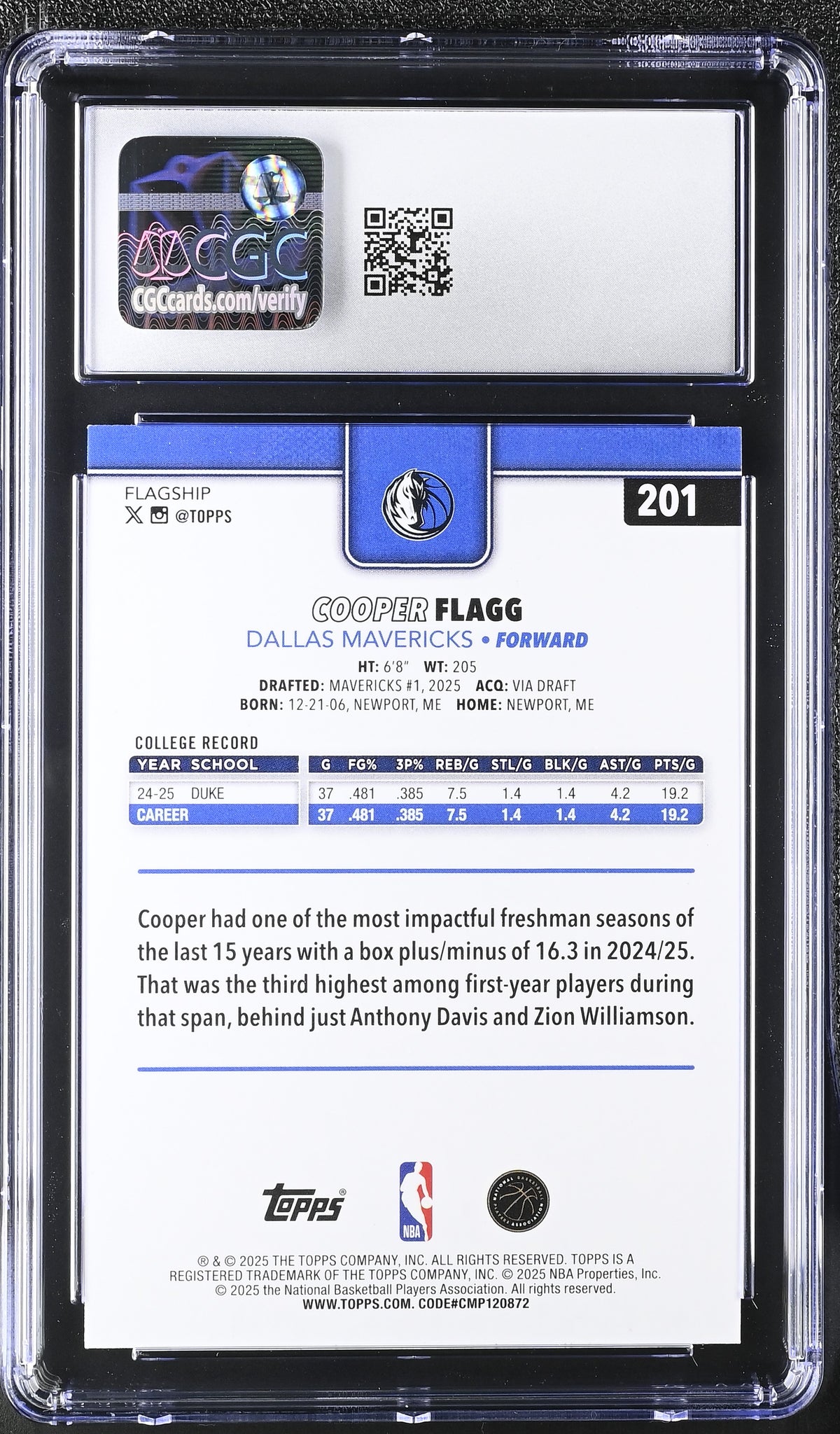 2025-26 Topps Cooper Flagg Rookie #201 CGC 9.5 Dallas Mavericks