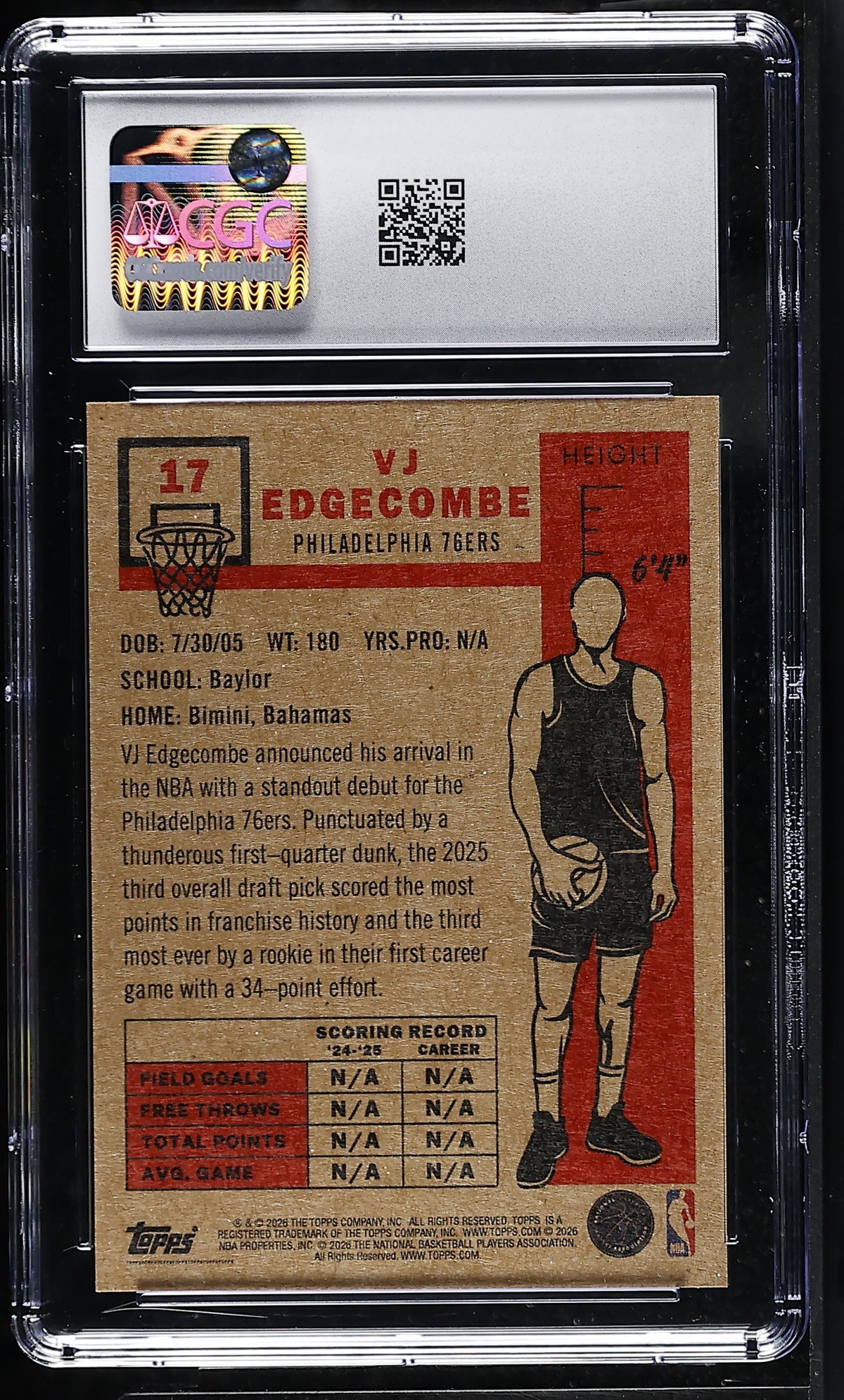 2025-26 Topps Living Set VJ Edgecombe Rookie #17 CGC 10 Philadelphia 76ers