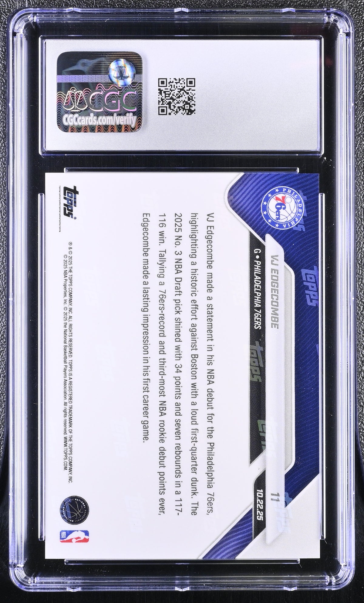 2025-26 Topps Now VJ Edgecombe Rookie #11 CGC 10 Philadelphia 76ers