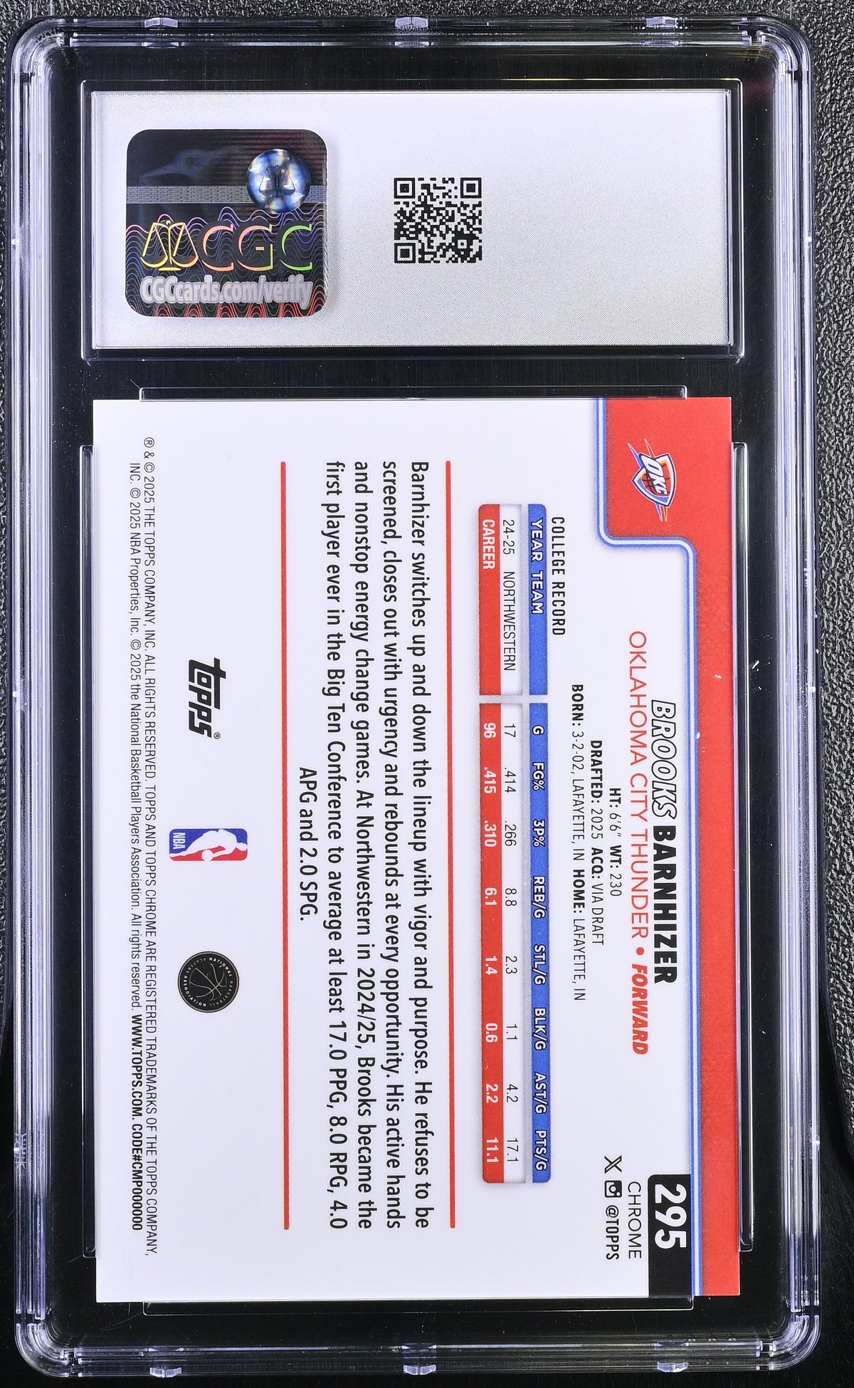 2025-26 Topps Chrome Brooks Barnhizer Black RayWave /10 Rookie #295 CGC 10