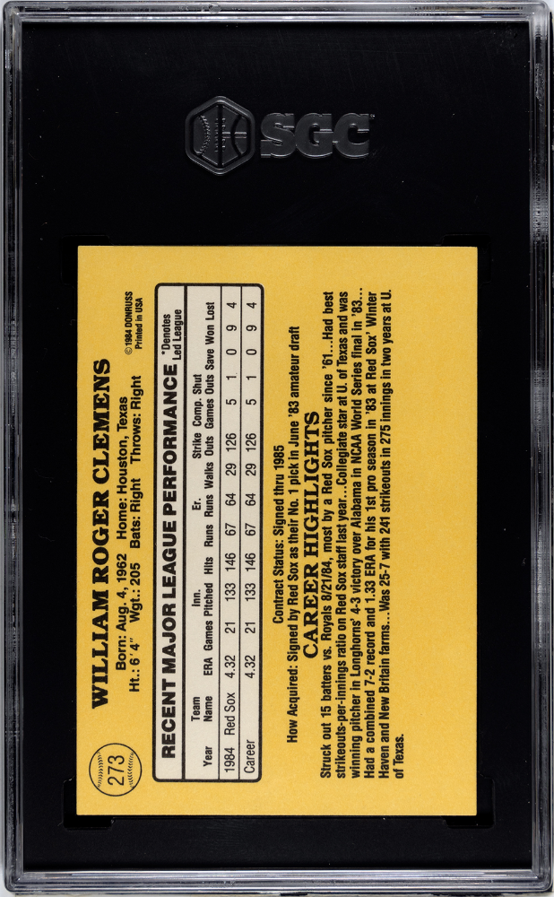 1985 Donruss Roger Clemens Rookie #273 SGC 8 Boston Red Sox