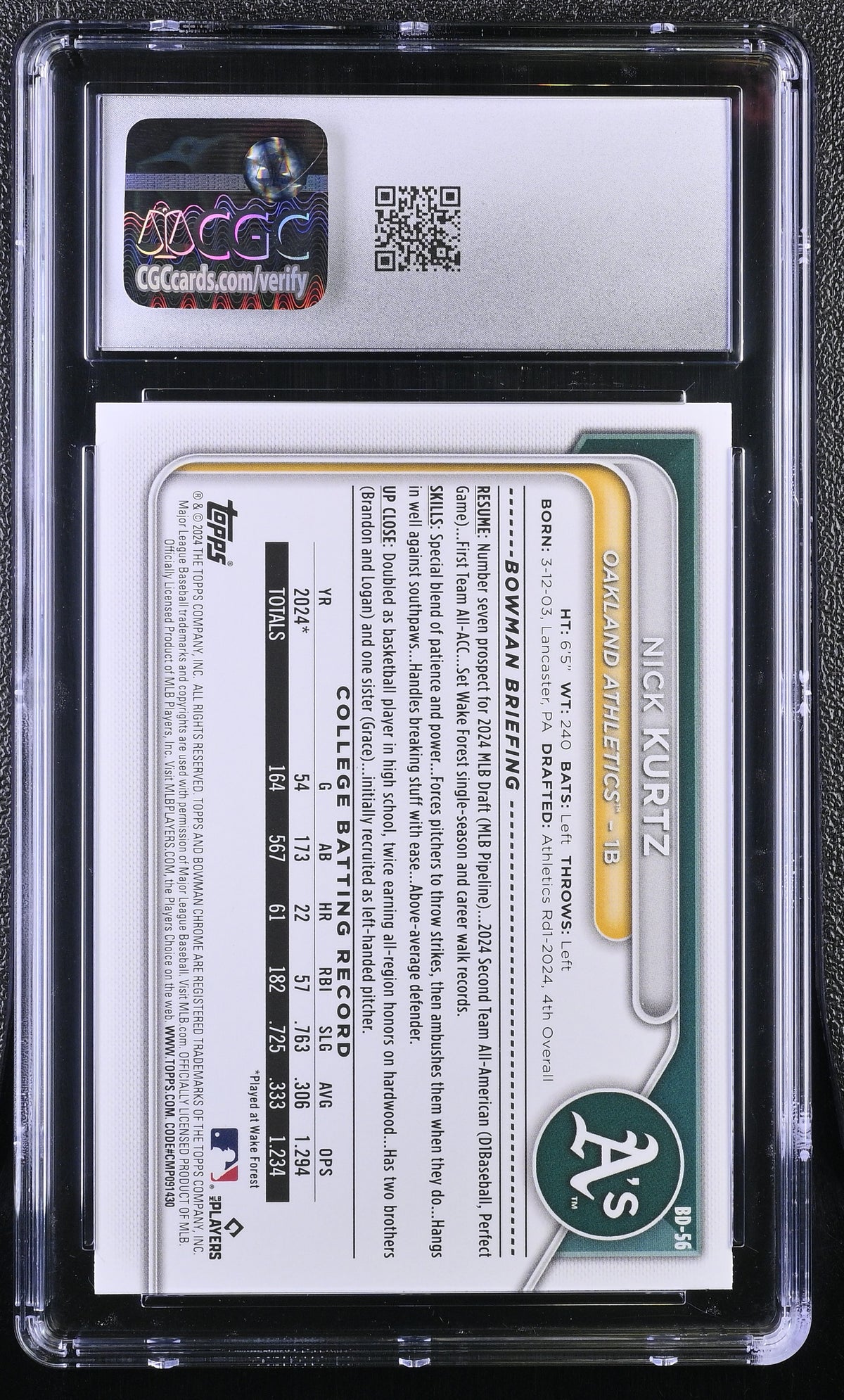 2024 Bowman Draft Nick Kurtz Rookie #BD-56 CGC 9.5 Oakland Athletics
