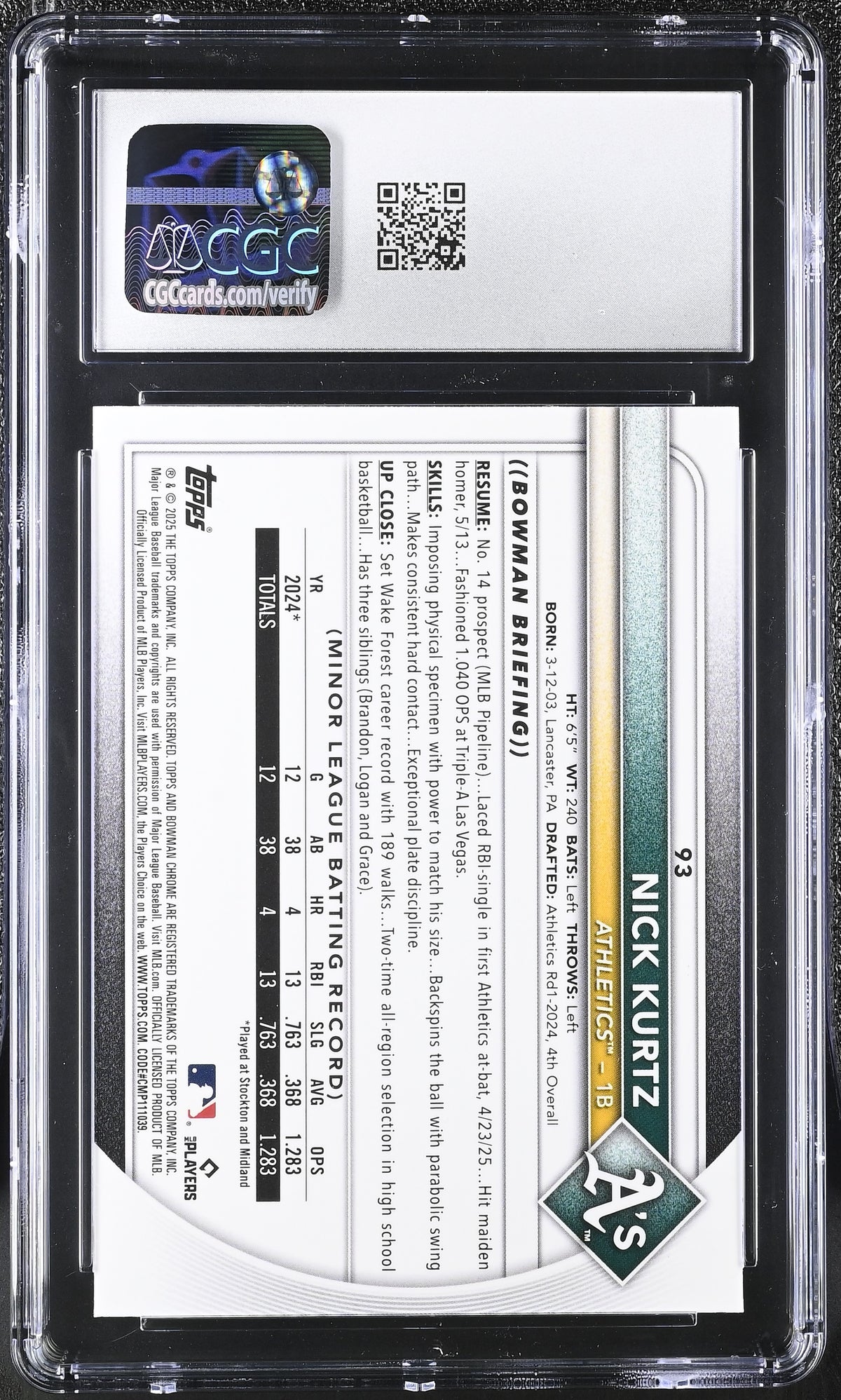 2025 Bowman Chrome Mega Box Nick Kurtz Rookie #93 CGC 9 Oakland Athletics