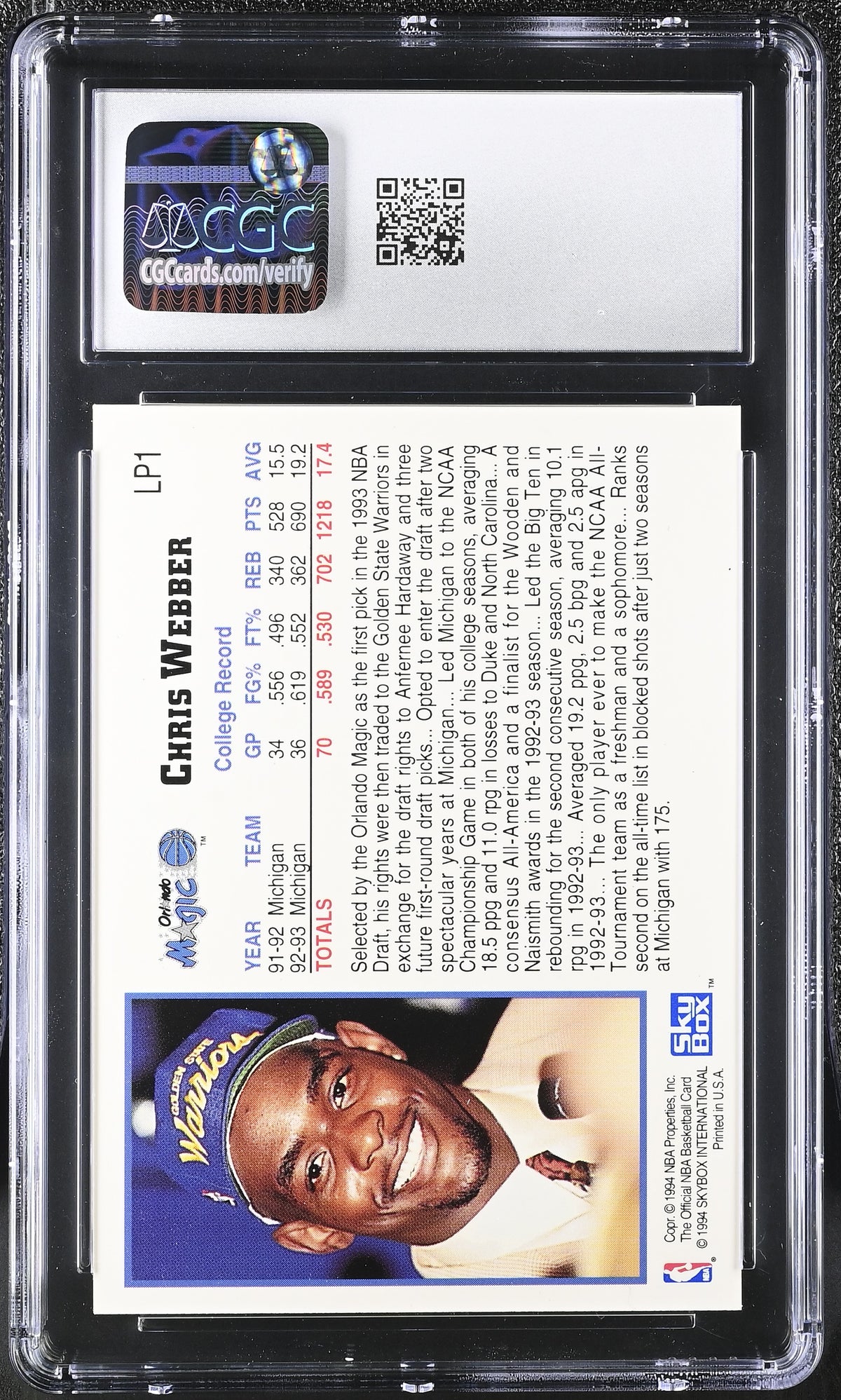 1993-94 Hoops Chris Webber Draft Redemption #LP1 CGC 9 Golden State Warriors