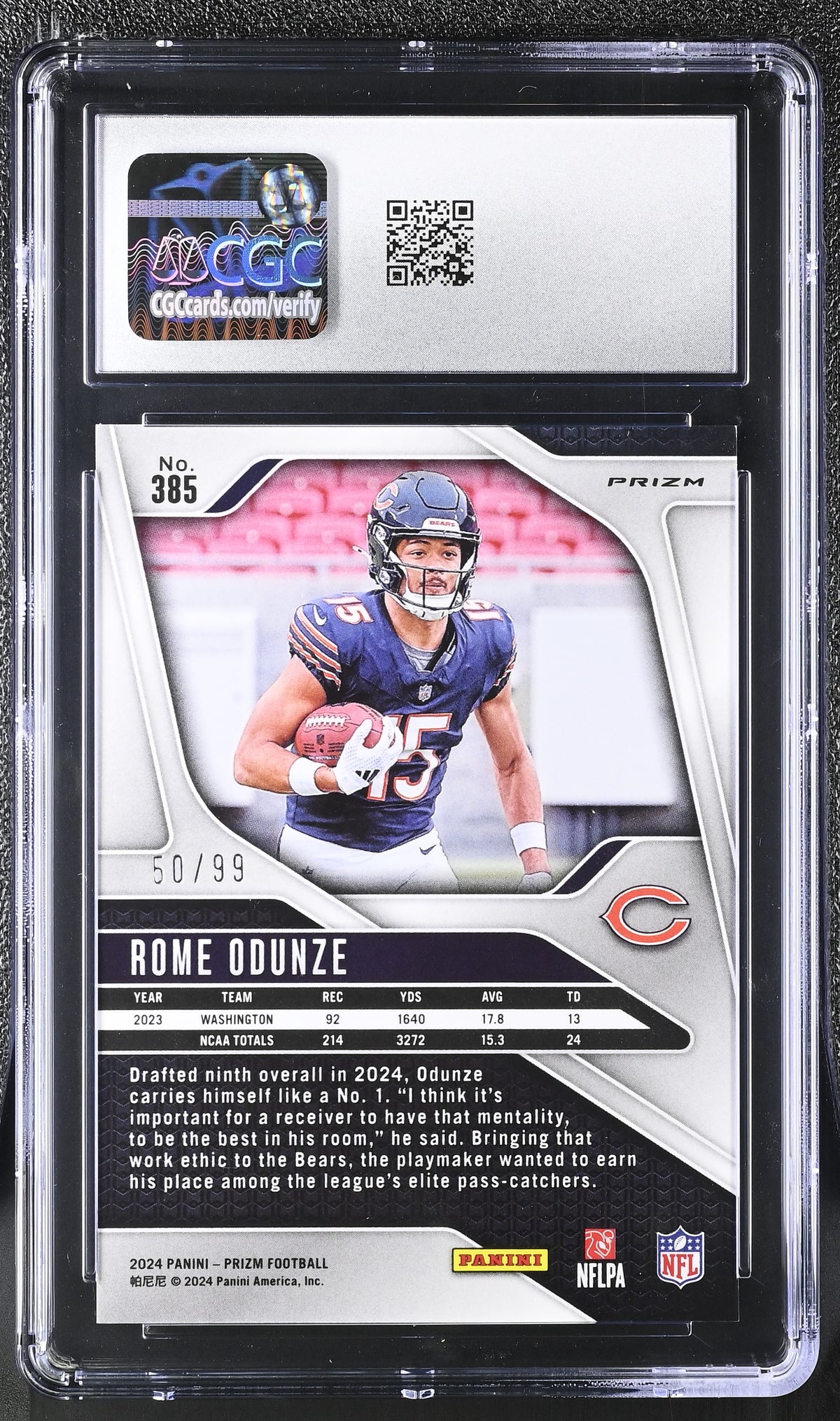 2024 Panini Prizm Rome Odunze No Huddle Blue /99 Rookie #385 CGC 10 Bears