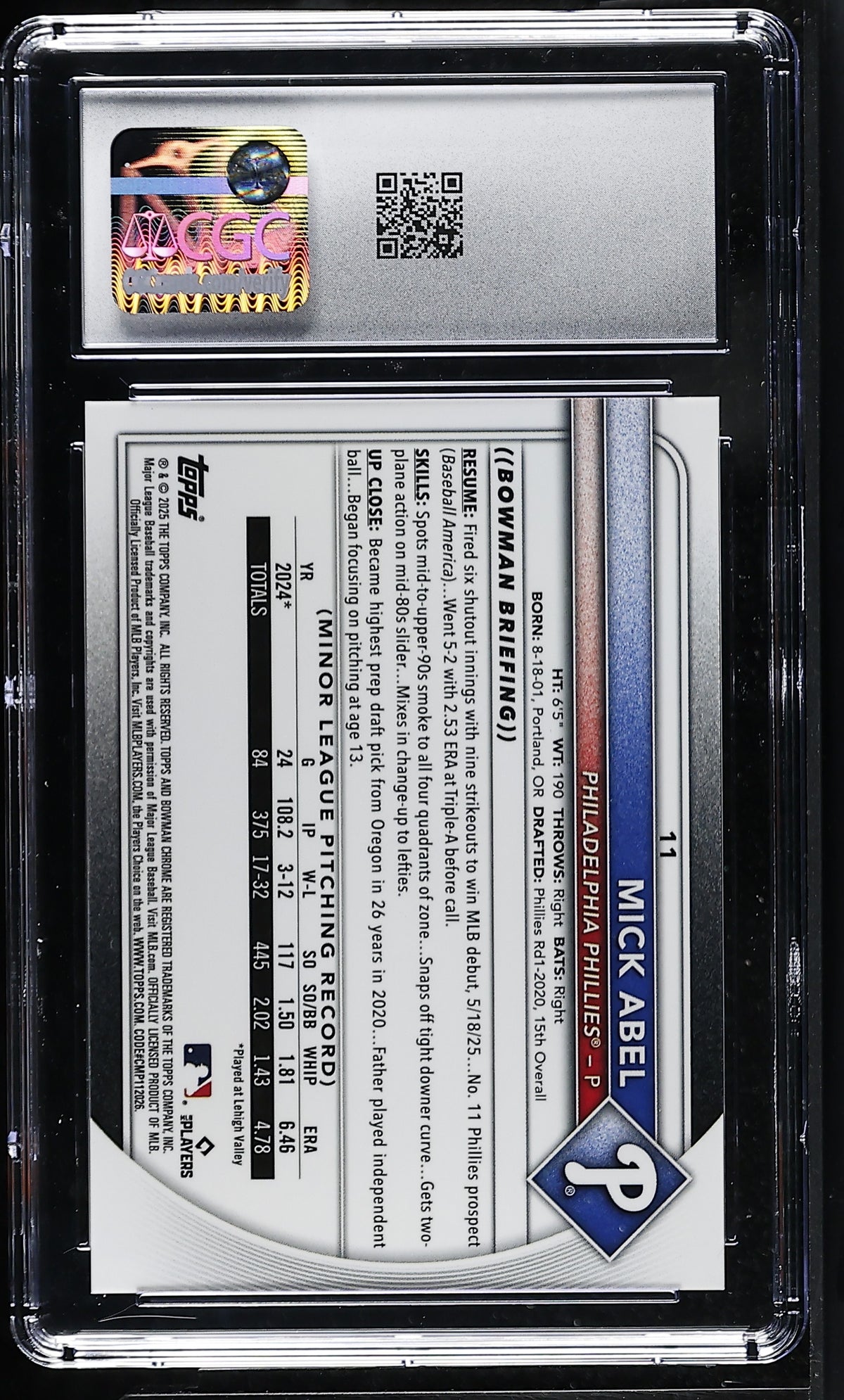 2025 Bowman Chrome Sapphire Mick Abel Orange /25 Rookie #11 CGC 10 Phillies