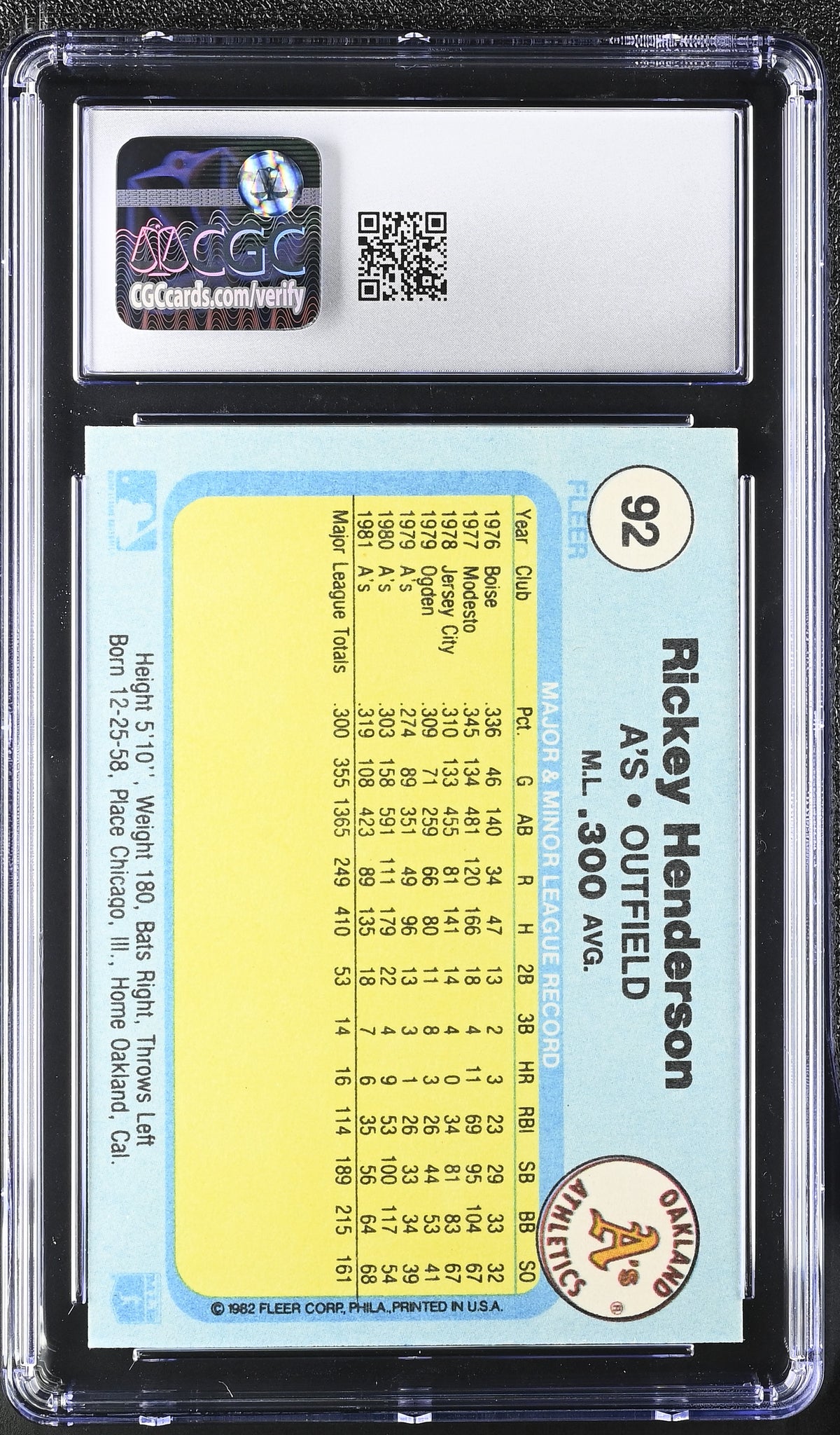 1982 Fleer Rickey Henderson #92 CGC 9 Oakland Athletics