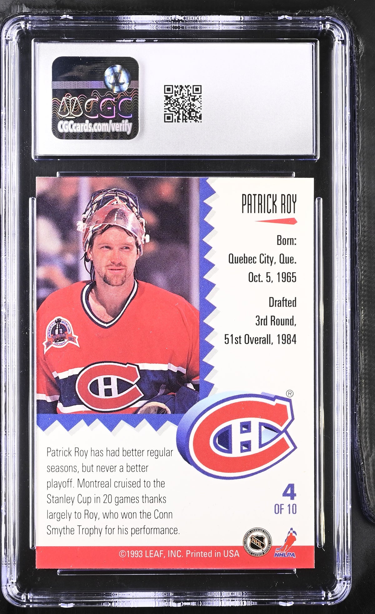 1993-94 Leaf Patrick Roy Painted Warriors #4 CGC 9.5 Canadians