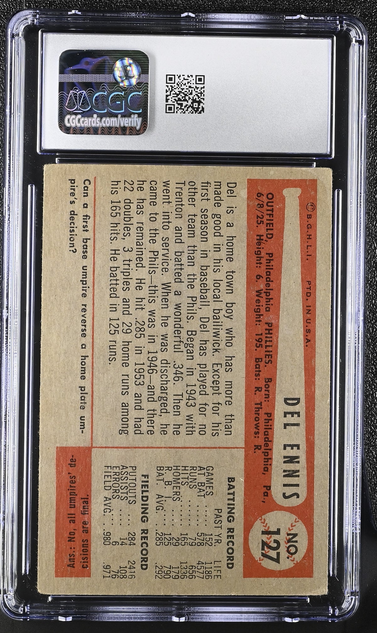 1954 Bowman Del Ennis #127 CGC 2.5