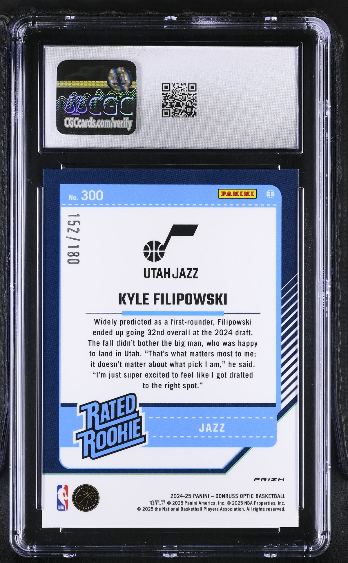 2024-25 Donruss Optic Kyle Filipowski Blue Sparkle /180 Rookie #300 CGC 9.5 Jazz