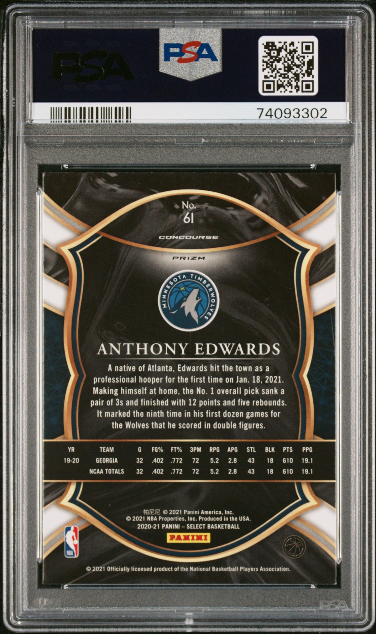 2020 Panini Select Anthony Edwards Gold Wave #61 PSA 9 Minnesota Timberwolves