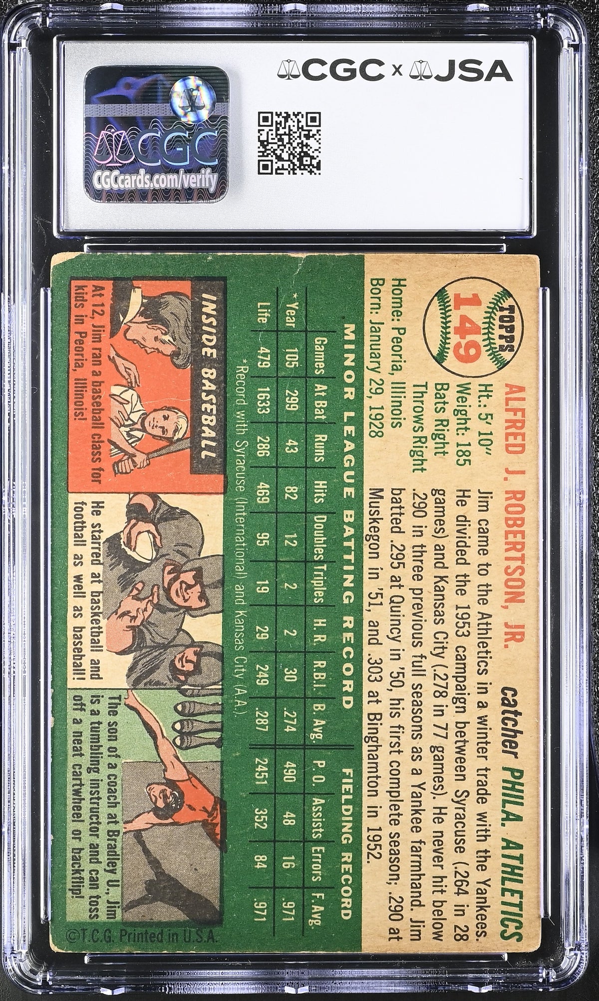 1954 Topps Jim Robertson Auto Autograph #149 CGC Authentic JSA Athletics