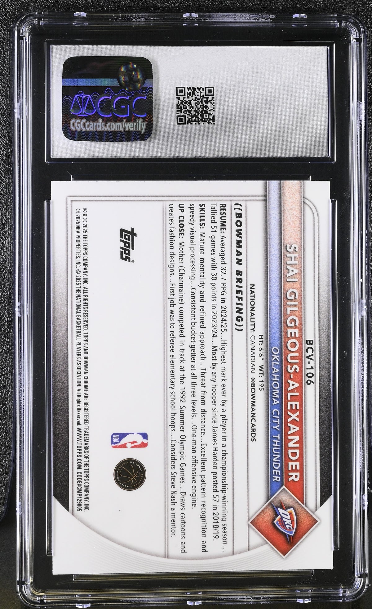 2025-26 Bowman Shai Gilgeous-Alexander Reptilian Refractor #BCV-106 CGC 9.5