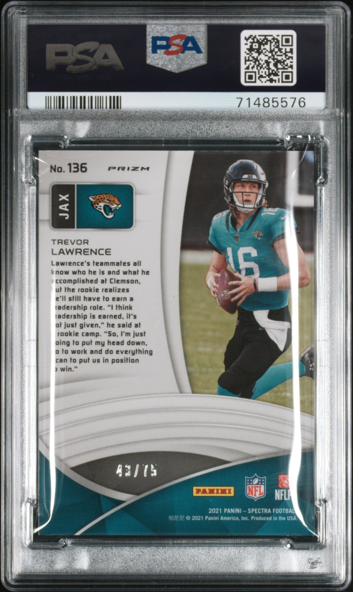 2021 Panini Spectra Trevor Lawrence Hyper /75 Rookie #136 PSA 9 Jaguars