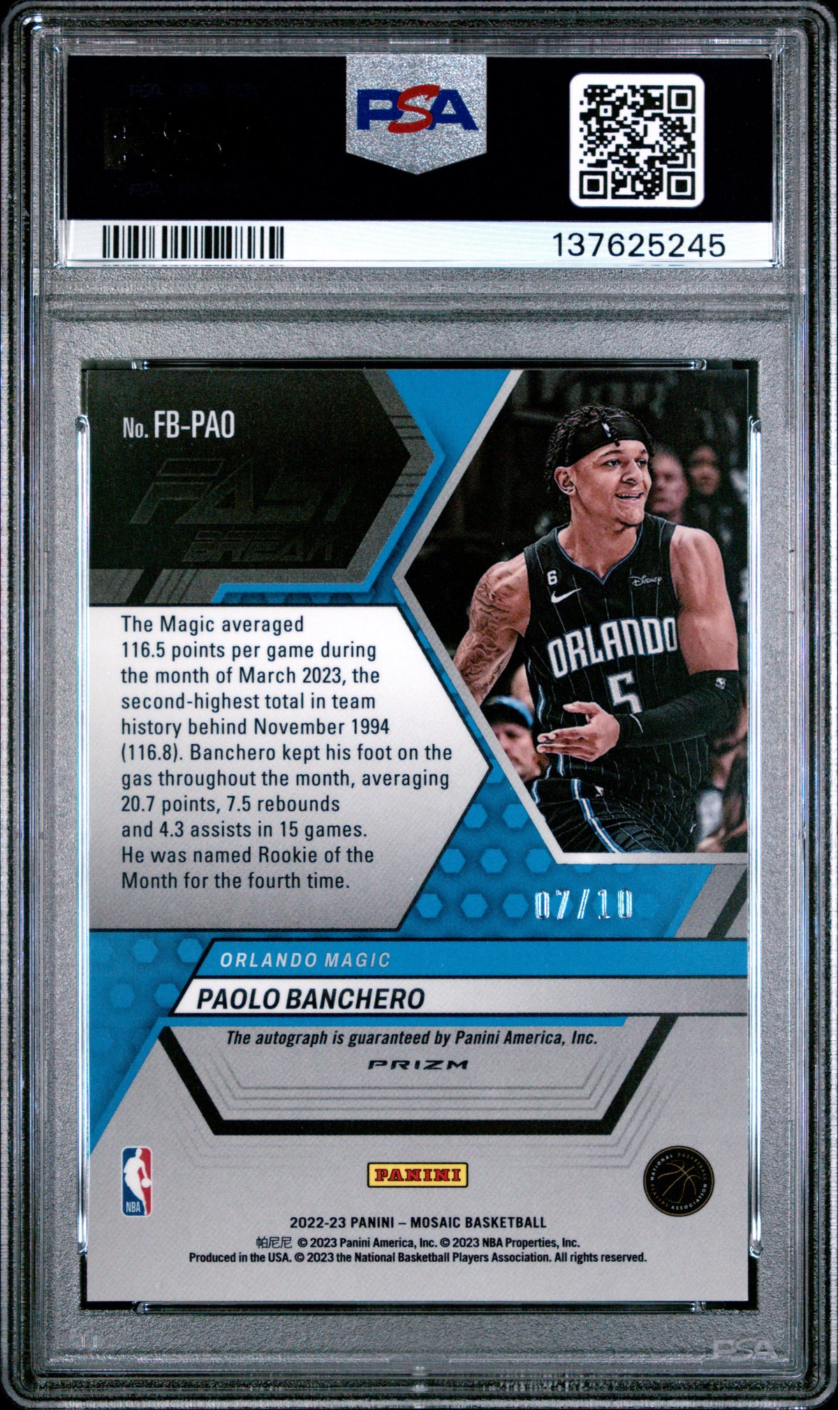 2022 Panini Mosaic Autographs Fast Break Paolo Banchero Gold #FBPAO PSA 9 Magic