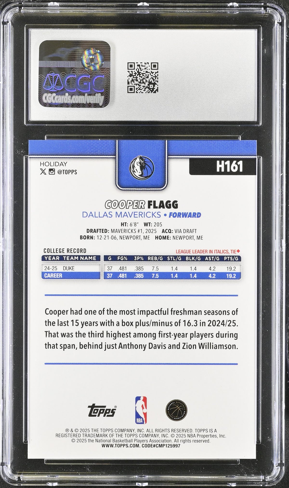 2025-26 Topps Holiday Cooper Flagg Rookie #H161 CGC 10 Dallas Mavericks