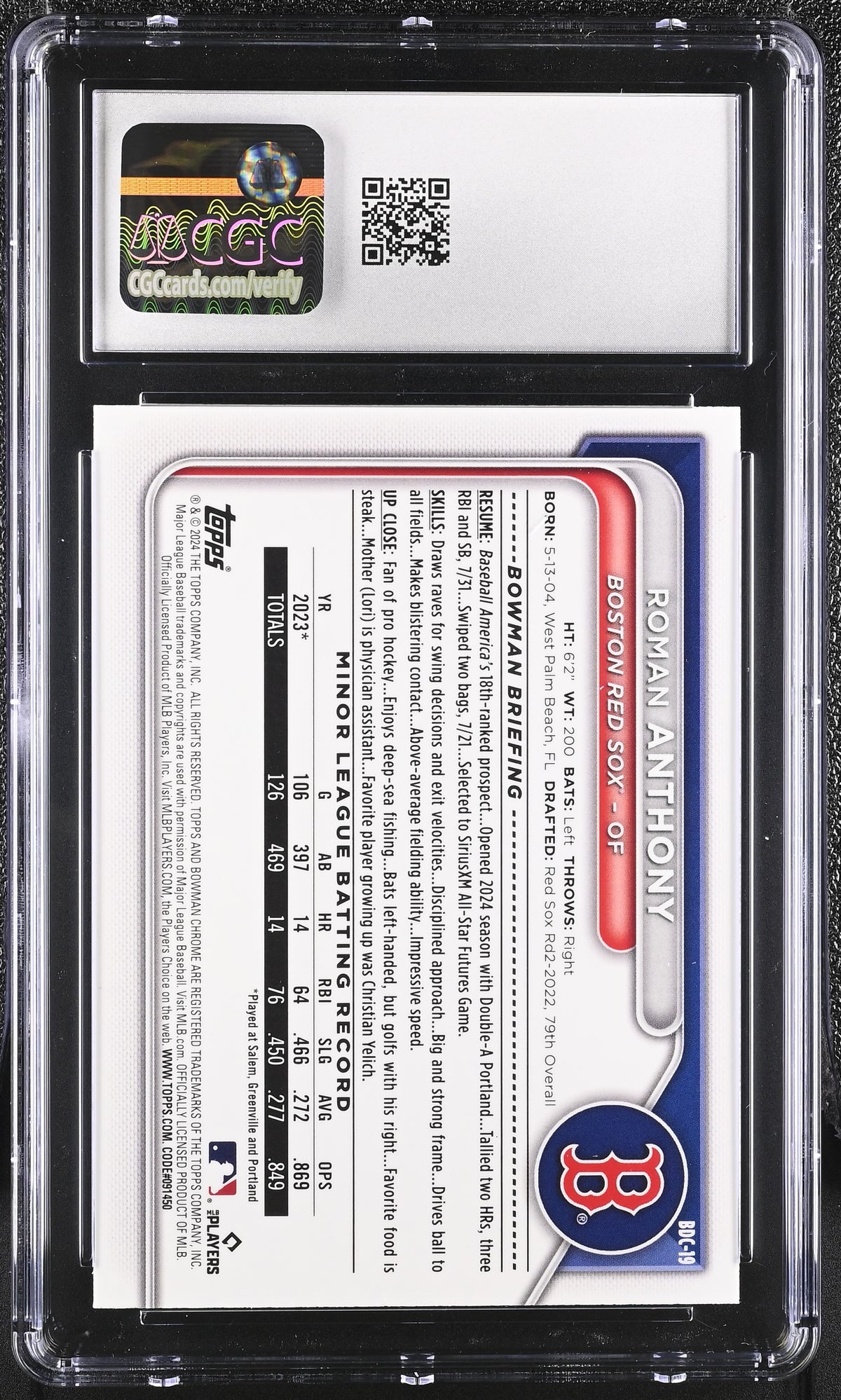 2024 Bowman Draft Sapphire Roman Anthony Rookie #BDC-19 CGC 10 Boston Red Sox
