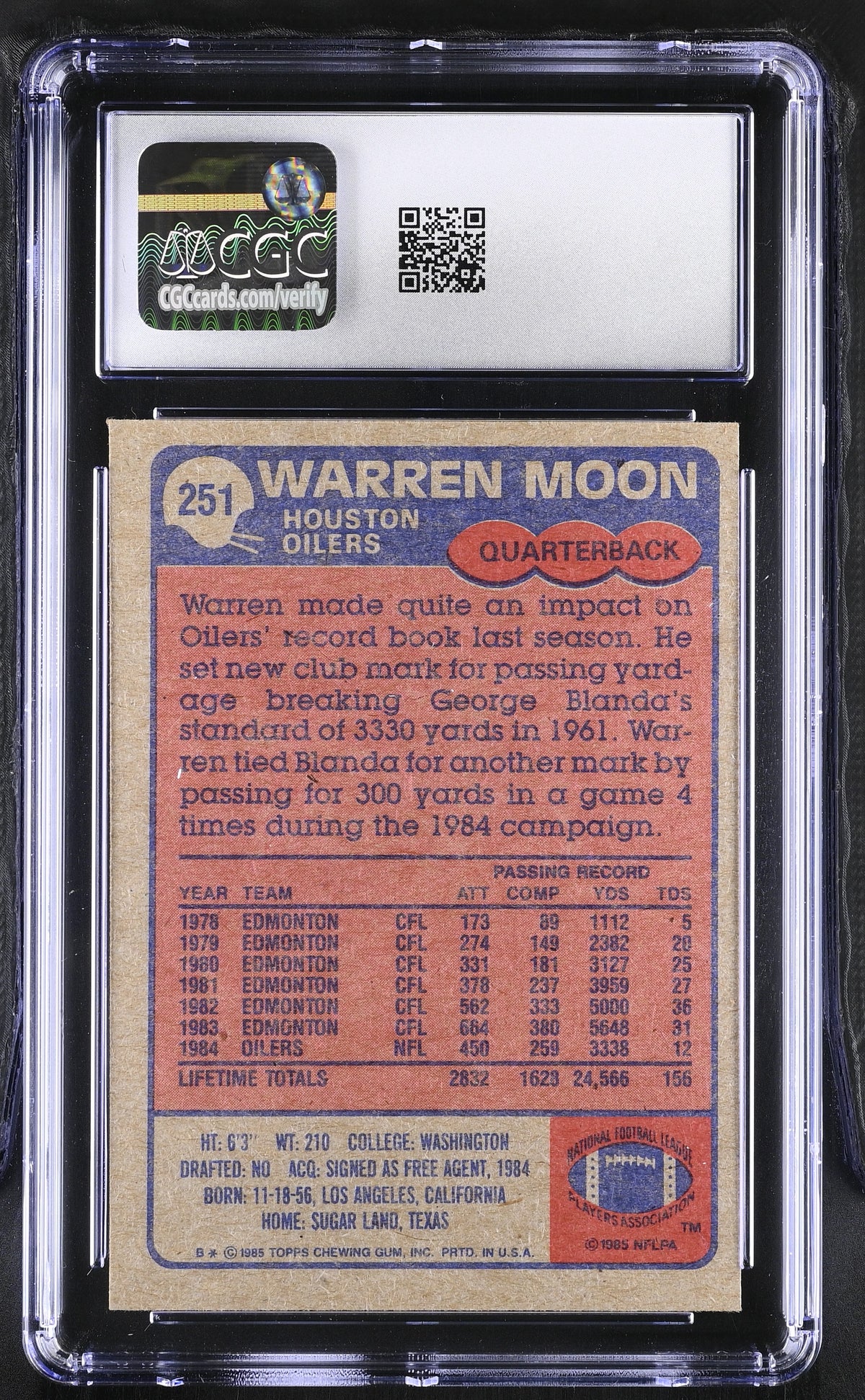 1985 Topps Warren Moon #251 CGC 7 Houston Oilers