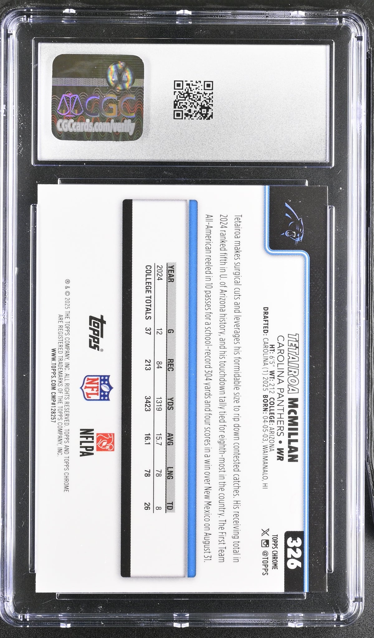 2025 Topps Chrome Tetairoa McMillan RayWave Refractor Rookie 326 CGC 10 Panthers
