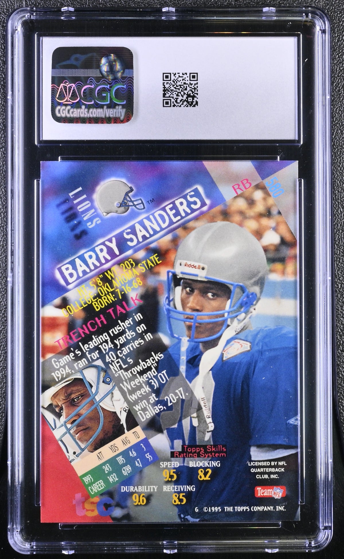1994 Stadium Club Barry Sanders #580 CGC 9.5 Detroit Lions