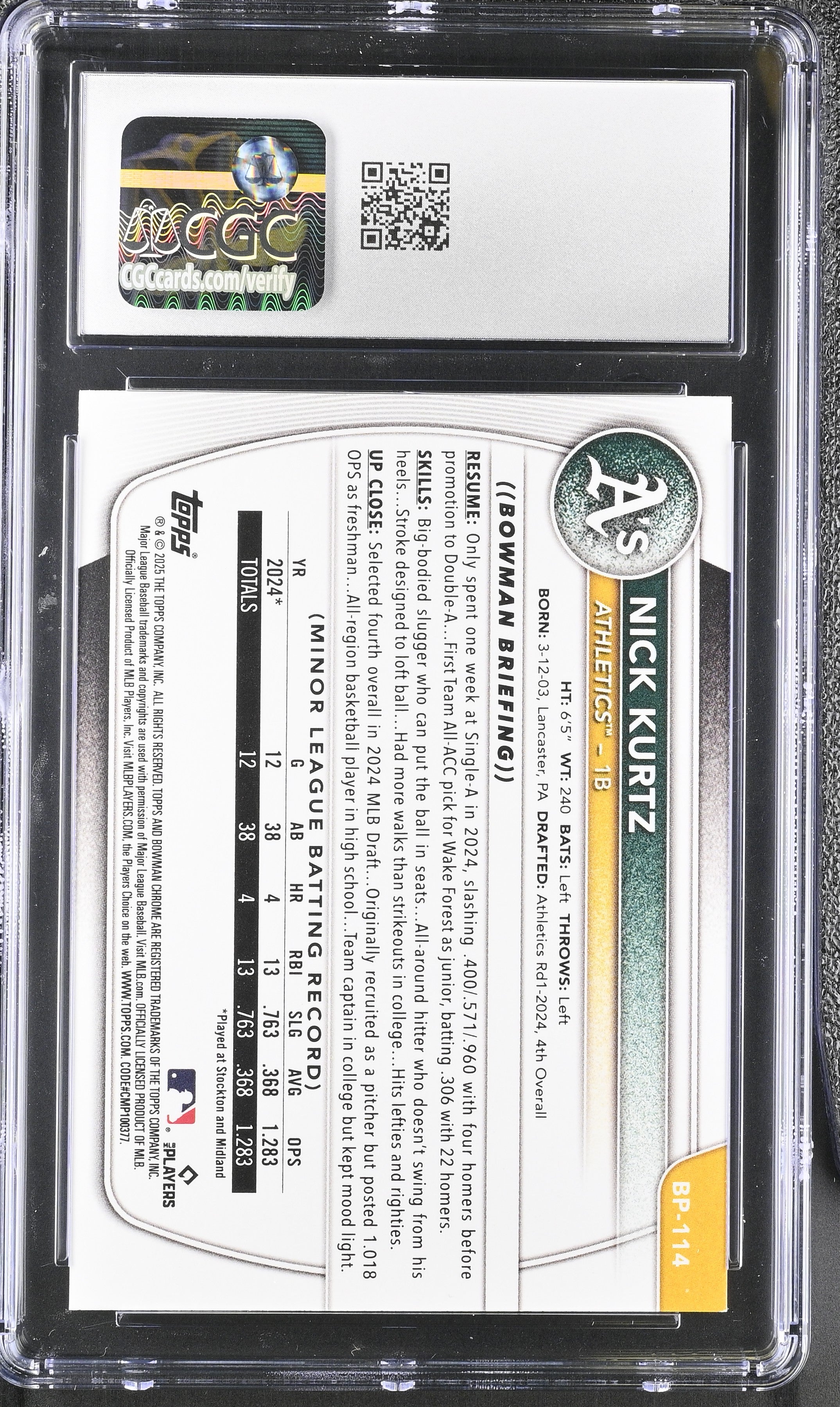 2025 Bowman Nick Kurtz #BP-114 Prospects CGC 10