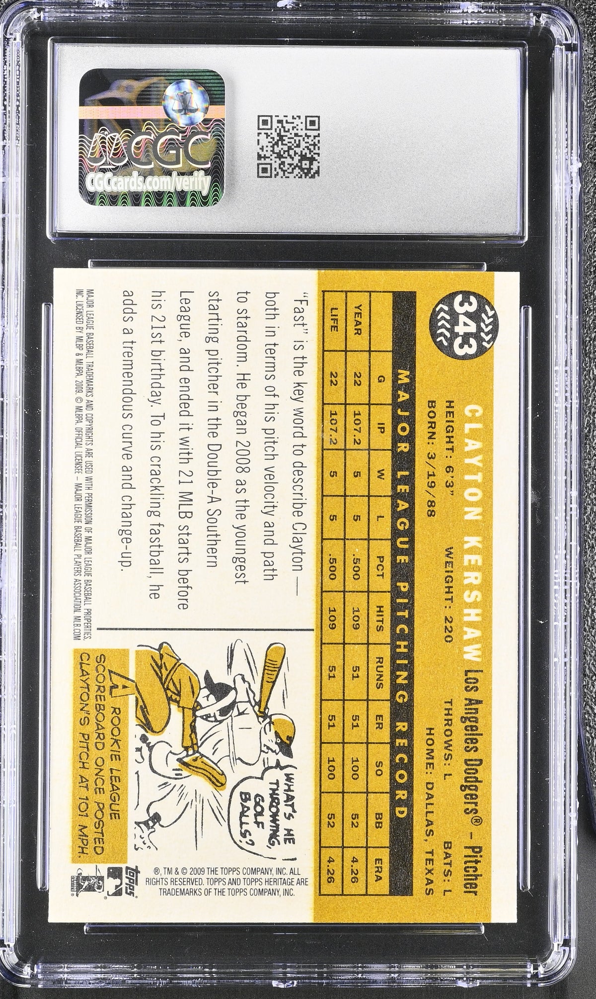 2009 Topps Heritage Clayton Kershaw #343 CGC 10 Los Angeles Dodgers