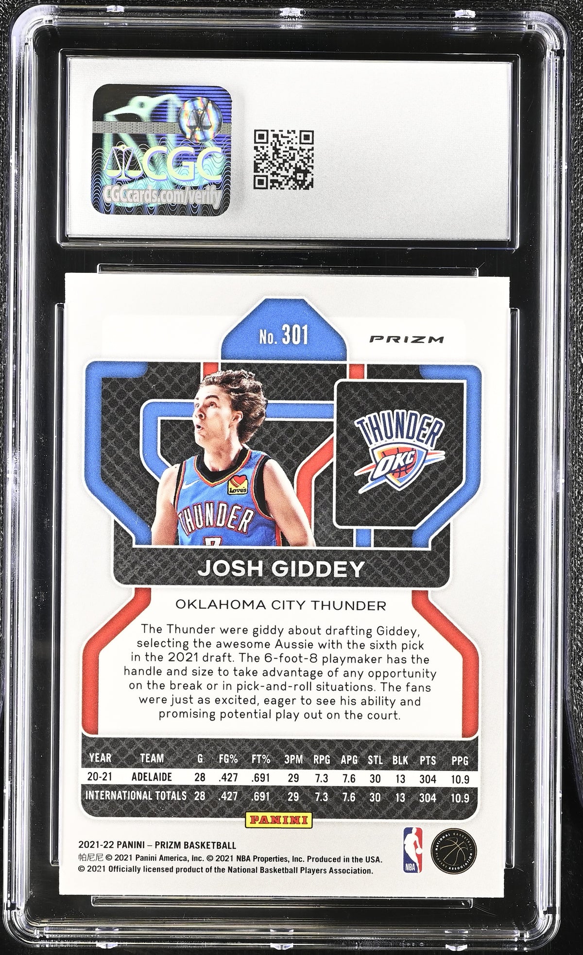 2021-22 Panini Prizm Josh Giddey Green Rookie #301 CGC 10 Oklahoma City Thunder