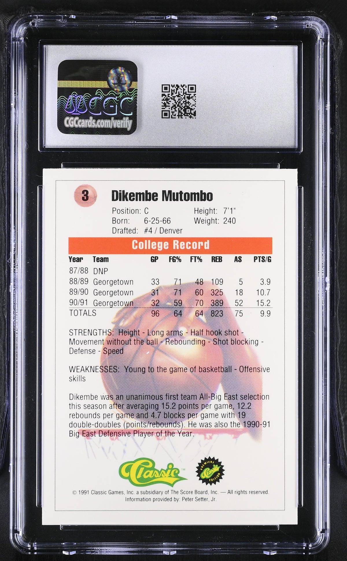 1991 Classic Dikembe Mutombo Rookie #3 CGC 9.5 Denver Nuggets