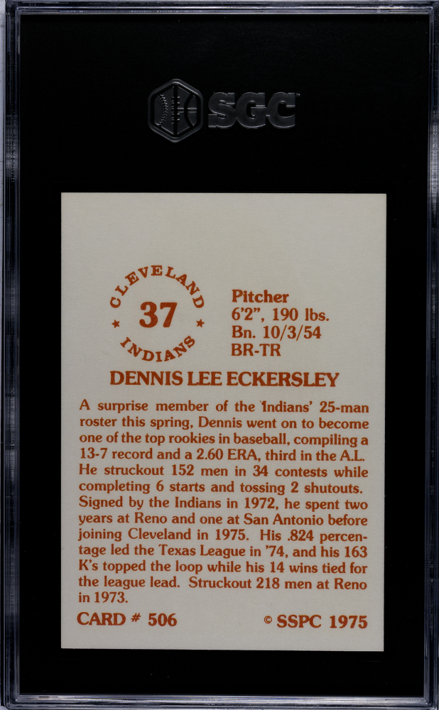1975 Sspc Dennis Eckersley Rookie #506 SGC 10 Cleveland Indians
