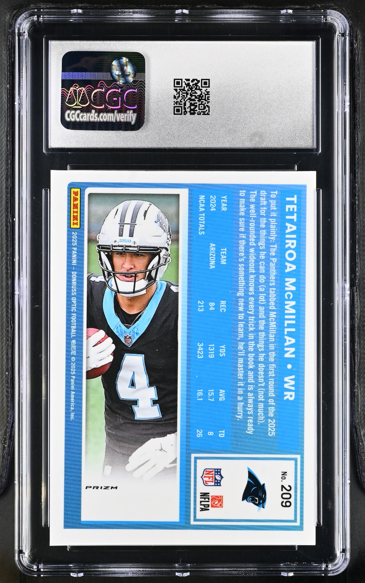 2025 Donruss Optic Tetairoa McMillan Purple Shock Rookie #209 CGC 9.5 Panthers