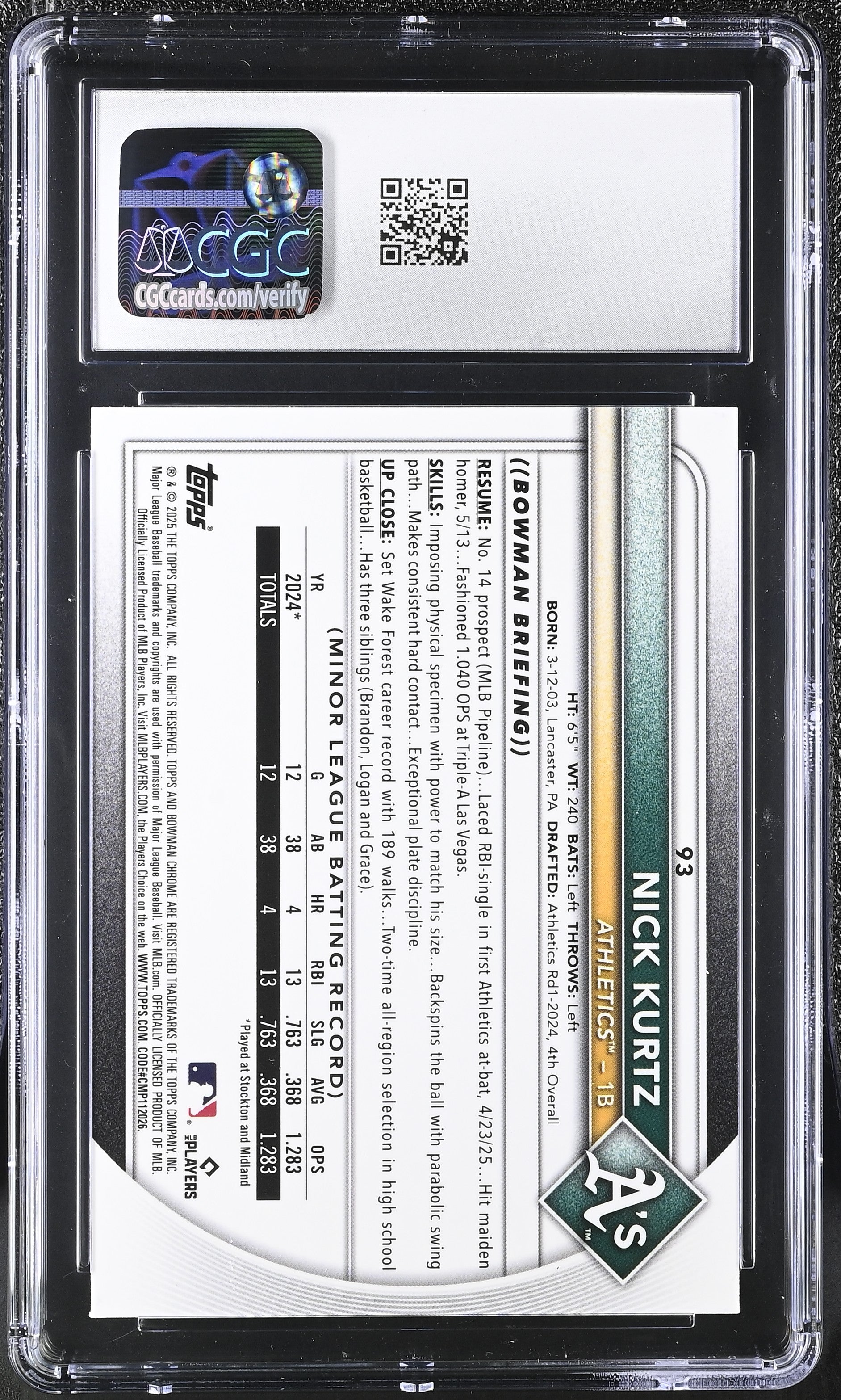 2025 Bowman Chrome Nick Kurtz #93 CGC 9