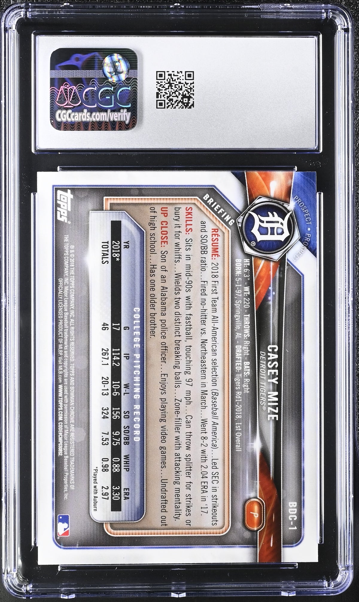2018 Bowman Draft Casey Mize Chrome #BDC-1 CGC 10